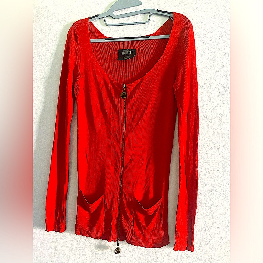 JEAN PAUL GAULTIER MAILLE RED VINTAGE FRONT ZIPPER TOP CARDIGAN, SIZE M/L